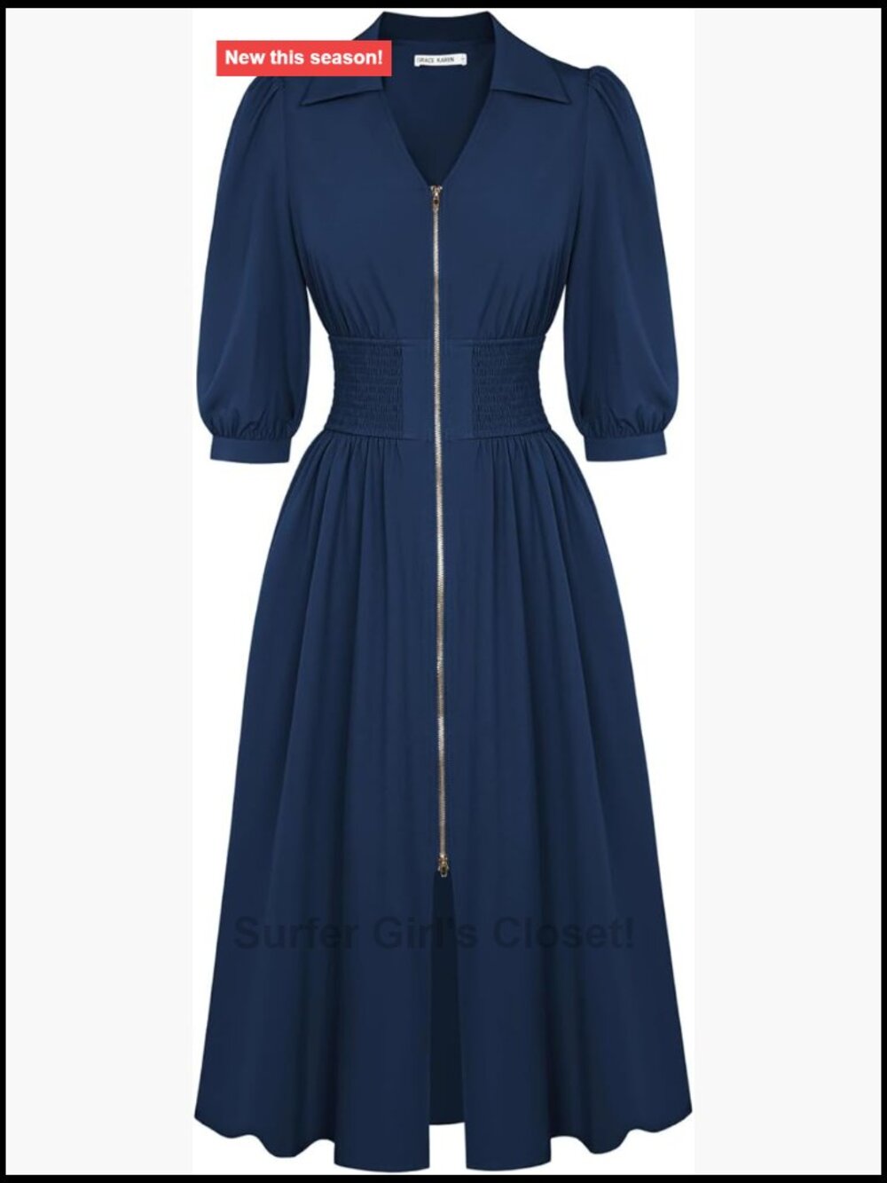 Midi Dress A-Line Work Dress 3/4 Sleeve Zipper Smocked Waist Pockets - Picture 1 of 7